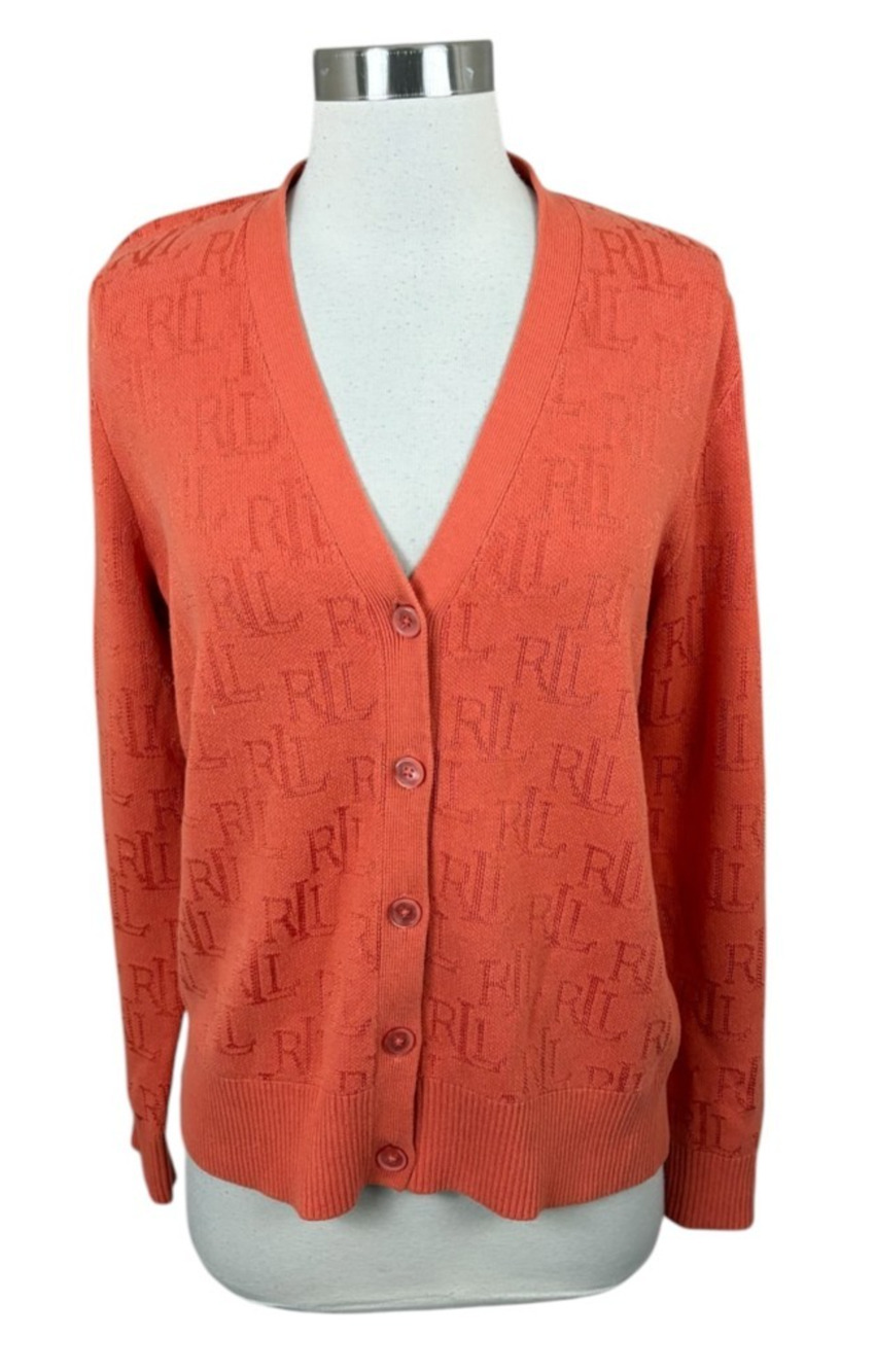 Lauren Ralph Lauren Textured Monogram Jacquard Cardigan In Orange Size S Preppy